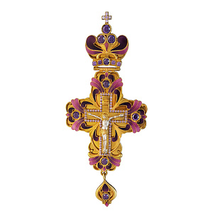 Крест наперсный серебряный, с позолотой, сиреневые и фиолетовые камни, эмаль, высота 13 см (вес 113,68 г)