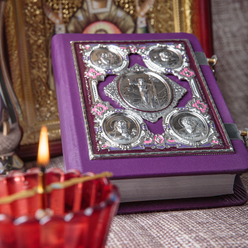 Евангелие требное среднее фиолетовое, оклад "под серебро", кожа, эмаль, 17х22 см фото 6