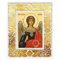 Икона Архангела Михаила в резной рамке, цвет "белый с золотом" (поталь), ширина рамки 12 см