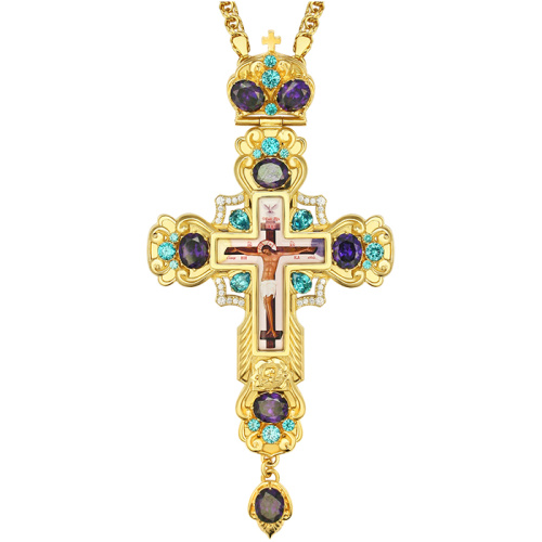 Крест наперсный из ювелирного сплава в позолоте с цепью, фианиты, 8,5х17 см фото 7