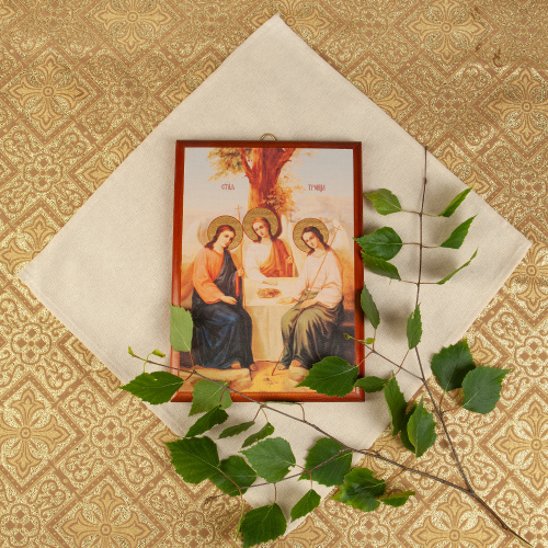 Икона Святой Троицы, на дереве, цвет "кипарис", на холсте, с золочением, №2 фото 4