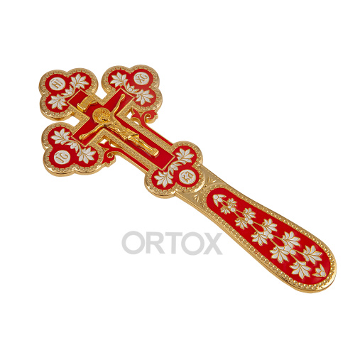 Крест напрестольный латунный, красная и белая эмаль, 10х22,5см фото 3