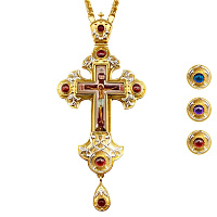 Крест наперсный из ювелирного сплава в позолоте и серебрении с цепью, фианиты, 7,5х16 cм