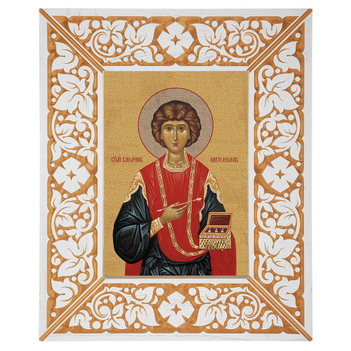 Икона великомученика и целителя Пантелеимона, в широкой резной раме, белая с золотом (патина), холст с золочением, ширина рамы 12 см фото 2