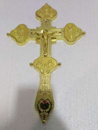 Крест напрестольный, гравировка, камни, цвет "под золото", 19,5х31 см, У-1340 фото 2