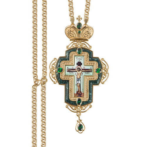 Крест наперсный из ювелирного сплава в позолоте с цепью, фианиты, 7,7х15 см фото 4