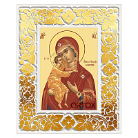 Икона Божией Матери "Феодоровская" в резной рамке, цвет "белый с золотом" (поталь), ширина рамки 12 см