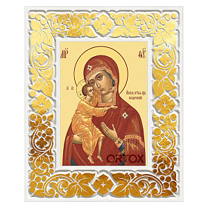 Икона Божией Матери "Феодоровская" в резной рамке, цвет "белый с золотом" (поталь), ширина рамки 12 см (29,7x42 см (А3))