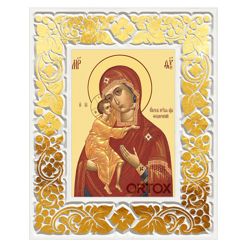 Икона Божией Матери "Феодоровская" в резной рамке, цвет "белый с золотом" (поталь), ширина рамки 12 см