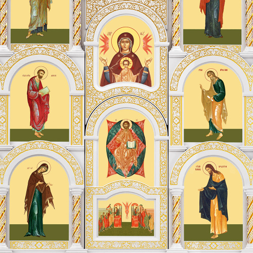 Иконостас деревянный резной "Владимирский" пятиярусный белый с золотом (патина), 690х860х45 см фото 7 Иконостас деревянный резной "Владимирский" пятиярусный белый с золотом (патина), 690х860х45 см фото 7