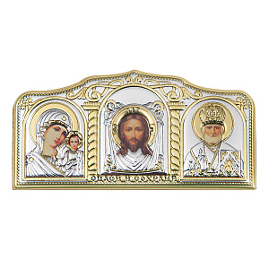 Икона в машину, триптих греческий из металла на деревянной основе, №6, 9,5х4,5 см (в авто)