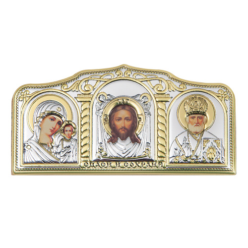 Икона в машину, триптих греческий из металла на деревянной основе, №6, 9,5х4,5 см
