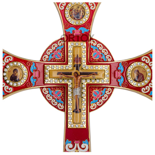 Крест требный латунный четырехконечный, красная эмаль, камни, 17х29 см фото 2
