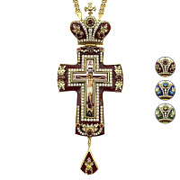 Крест наперсный из ювелирного сплава в позолоте с цепью, с эмалью и фианитами, 6х15 см