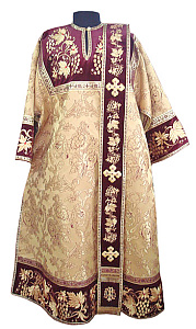 Облачение диаконское бордово-золотое с вышивкой, шелк, отделка цветной галун с рисунком крест (рисунок "Виноградная лоза")