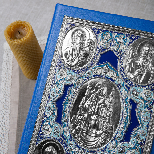 Апостол синий, оклад "под серебро", кожа, эмаль, 23х30 см фото 5