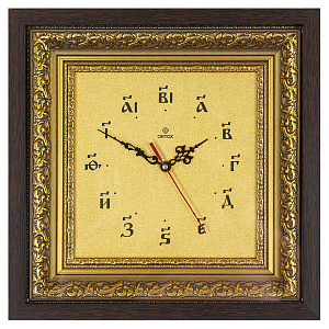 Часы настенные, цвет "темный дуб", с буквенной цифирью, квадратные (холст, багет)