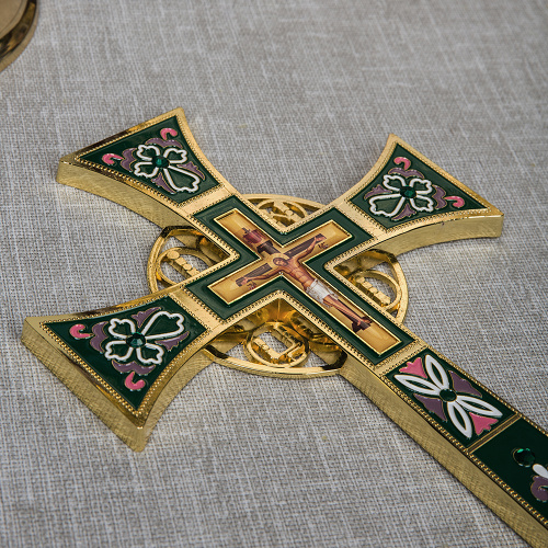 Крест требный четырехконечный, цинковый сплав, зеленая эмаль, камни, 17х29 см фото 4