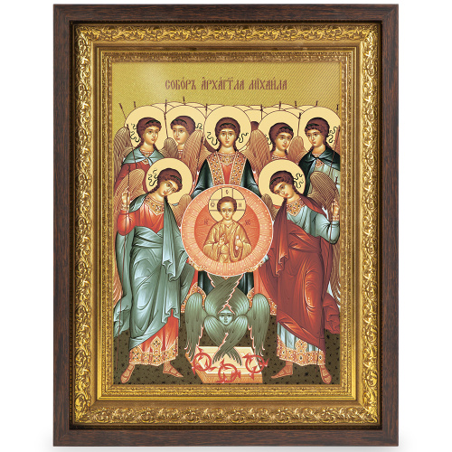 Икона Собора Архангела Михаила, в широком багете, цвет "темный дуб", на холсте, с золочением фото 2