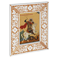 Икoна великомученика Георгия Победоносца, в широкой резной раме, белая с золотом (патина), холст с золочением, ширина рамы 12 см