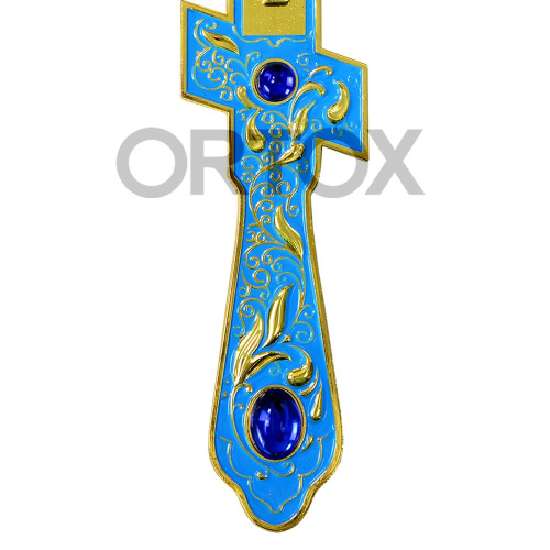 Крест напрестольный латунный голубой, 14х26 см, синие камни фото 4
