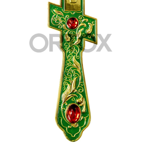 Крест напрестольный латунный, 14х26 см, зеленая эмаль, красные камни фото 6