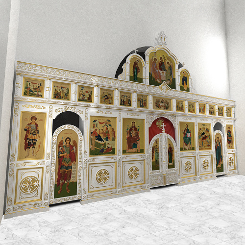 Иконостас трехъярусный (г. Тюмень), белый с золотом (патина), 838х532х18 см фото 2