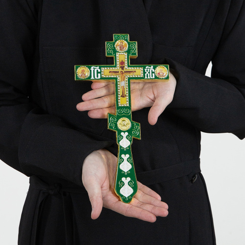 Крест напрестольный, цинковый сплав, зеленая эмаль, камни, 14,5х26 см фото 4