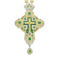 Крест наперсный серебряный, с цепью, позолота, зеленые фианиты, высота 17,5 см.