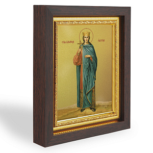 Икона великомученицы Екатерины, в узком багете, цвет "темный дуб", на холсте, с золочением (14,3х17,4 (под икону А7))