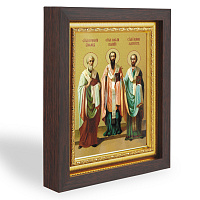 Икона Собора трёх святителей, в узком багете, цвет "темный дуб", на холсте, с золочением