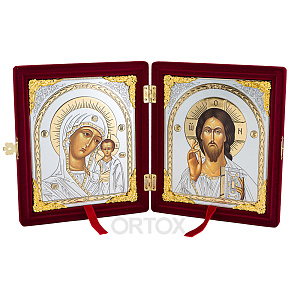 Складень с ликами Спасителя и Божией Матери "Казанская", 19х22 см, флок, риза (бордовый)