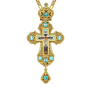 Крест наперсный из ювелирного сплава, позолота, фианиты, 8х17,5 см (голубые фианиты)