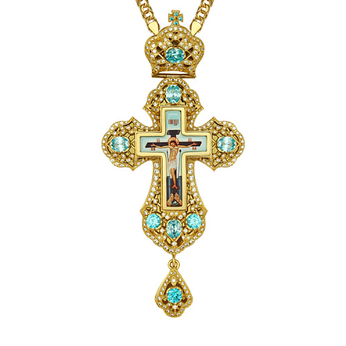 Крест наперсный латунный с цепью, позолота, фианиты, 8х17,5 см