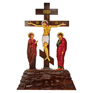 Крест-голгофа напольная с предстоящими, цветная печать, резьба (высота 180 см)