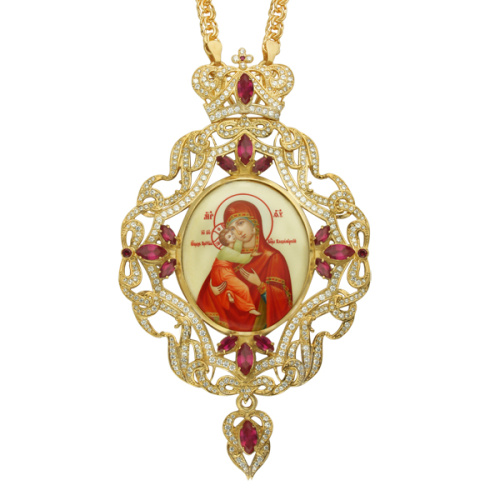 Панагия из ювелирного сплава в позолоте с цепью, белые и фиолетовые фианиты, высота 17 см фото 2