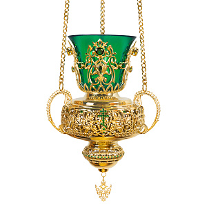 Лампада подвесная из ювелирного сплава в позолоте, 16х25 см (зеленый стаканчик, зеленые камни)