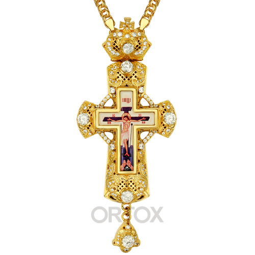 Крест наперсный латунный, позолота, фианиты, 6,5х15 см фото 2