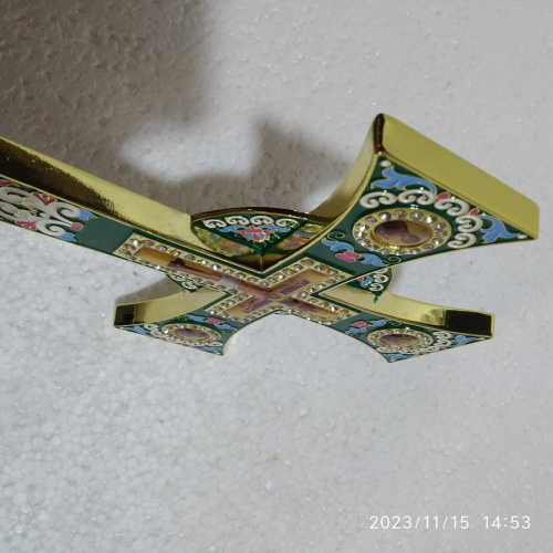 Крест требный четырехконечный, зеленая эмаль, камни, 17х29 см, 100-0921 фото 13