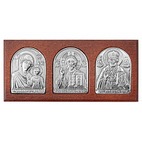 Икона в машину, триптих из мельхиора на деревянной основе, 9,5х4,7 см