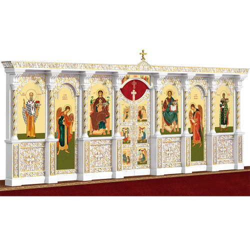 Иконостас деревянный резной "Владимирский" одноярусный белый с золотом (патина), 690х282х40 см №2