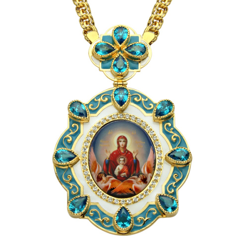 Панагия кабинетная из ювелирного сплава в позолоте с цепью, с эмалью и фианитами, высота 7 см фото 2