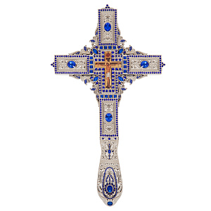 Крест напрестольный / требный, цинковый сплав, цвет "под серебро", синие камни, 17,5х29 см (металл)