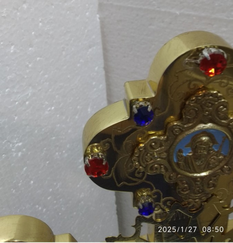 Крест настольный с подставкой, латунь, фианиты, эмаль, 28х68 см, №1, У 3-1841 фото 4