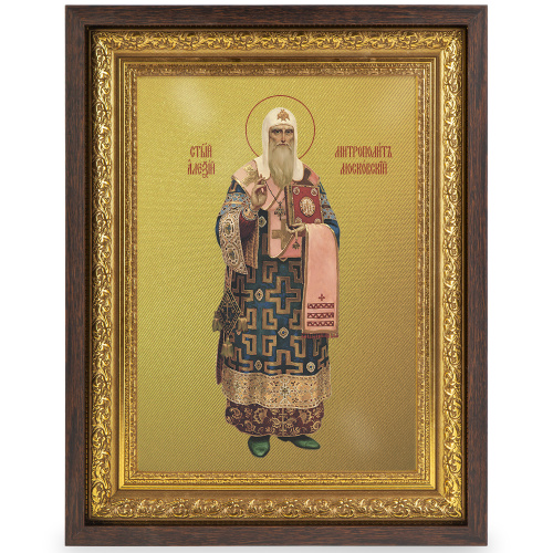Икона Алексия, митрополита Московского, святителя, в широком багете, цвет "темный дуб", на холсте, с золочением  фото 2