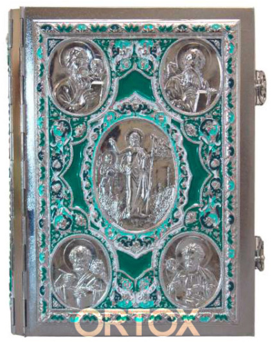Евангелие напрестольное зелёное, полный оклад "под серебро", эмаль, 24х31 см