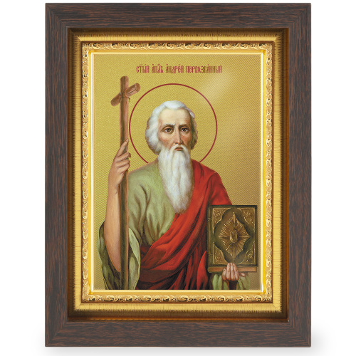 Икона апостола Андрея Первозванного, в узком багете, цвет "темный дуб", на холсте, с золочением фото 2