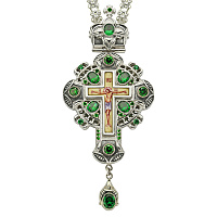 Крест наперсный серебряный, зеленые фианиты, с цепью, высота 15 см