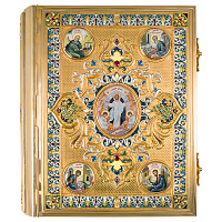 Евангелие напрестольное, латунный оклад в позолоте, фианиты и эмаль, 30х35 см