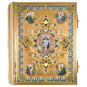 Евангелие напрестольное, латунный оклад в позолоте, фианиты и эмаль, 30х35 см (ср. вес 8,2 кг)